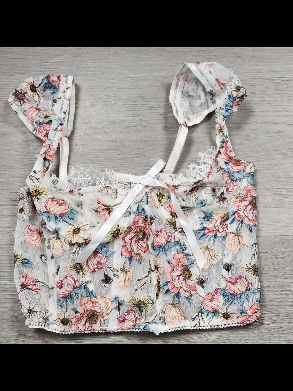 Victoria's Secret White Sheer Floral Lace-Trim Bow Camisole